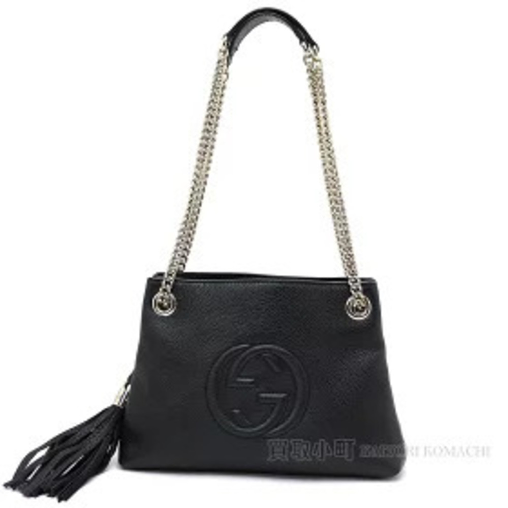 Gucci Soho Black Leather Chain Shoulder Bag Tassel Charm Interlocking GG